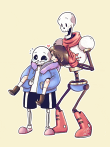 a drawing of a skeleton carrying another skeleton on his back