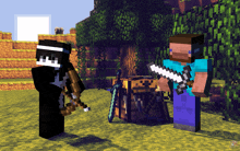 two minecraft characters are standing next to each other holding swords