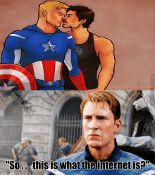 a cartoon of captain america and tony stark kissing with a caption that says " so this is what the internet is "