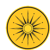 a yellow and black circle with a sun in the middle