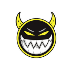 a cartoon devil face with yellow horns and a big smile