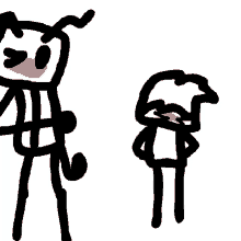 a drawing of two stick figures standing next to each other on a white background .