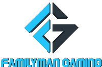 a logo for familyman gaming with a blue g and black arrow