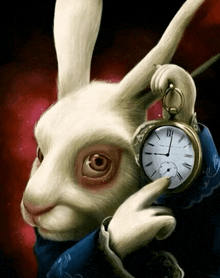 a white rabbit is holding a pocket watch which shows the time as 5:00