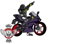 a cartoon of a man on a purple motorcycle with a skull and wings