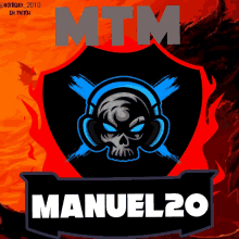 a logo for manuel20 with a skull and headphones on it