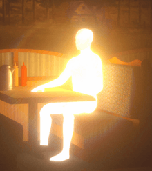 a person is sitting at a table with ketchup and mustard bottles in the background
