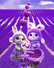 a couple of rabbits in a field of purple flowers