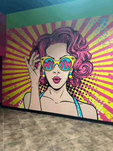 a pop art painting of a woman wearing sunglasses with the word wow written on them