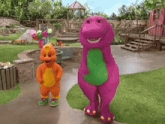 a purple and orange dinosaur standing next to each other on a sidewalk