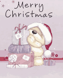 a christmas card with a teddy bear wearing a santa hat and gifts says merry christmas