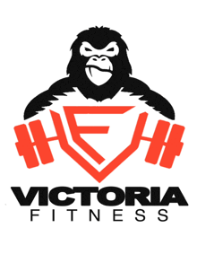 a victoria fitness logo with a gorilla holding a barbell