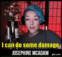 a woman with blue hair is holding a bottle of wine and says " i can do some damage "