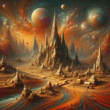 a colorful painting of a city with a river and planets