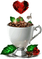 a white cup filled with coffee beans and a red heart on top