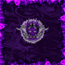 a purple background with a picture of a demon with horns on it