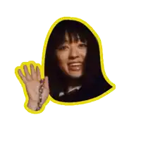 a sticker of a woman waving with the word hi in the background