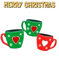 a merry christmas greeting card with three penguins in mugs