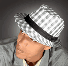 a man wearing a plaid fedora with a black band