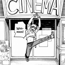 a black and white drawing of a man standing in front of a cinema with his legs in the air .