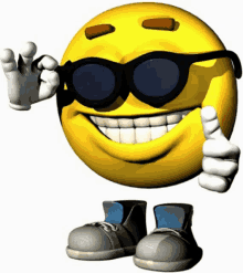 a cartoon smiley face wearing sunglasses and shoes gives a thumbs up