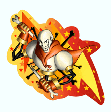 a cartoon drawing of a skeleton with a cape and a sword