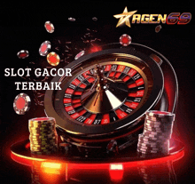 an advertisement for agen 69 shows a roulette wheel surrounded by poker chips