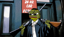 a cartoon of a frog holding a gun in front of a 24 hr car service sign