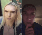 a man with long blonde hair is sitting next to a woman with short hair .