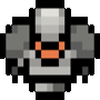 a pixel art drawing of a robot with a gray and orange head and arms .