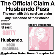 a poster that says the official claim a husbando pass on it