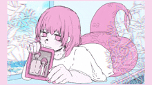 a drawing of a mermaid with pink hair holding a picture frame