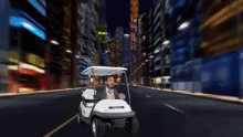 a man driving a golf cart on a city street