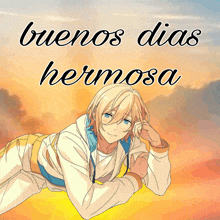 a picture of a boy with the words buenos dias hermosa on it