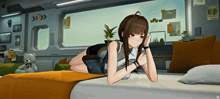 a girl is laying on a bed in a room with a teddy bear in the background