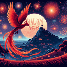 a painting of a phoenix flying in front of a full moon with ballon 168 on it