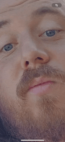 a close up of a man 's face with a beard and blue eyes looking at the camera .