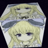a drawing of a girl with blonde hair and blue eyes on a black background