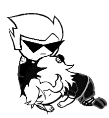 a black and white drawing of a man holding a dog .