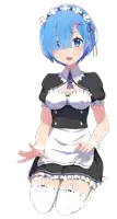a girl with blue hair is wearing a black and white maid outfit