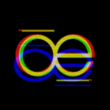 the letter e is surrounded by rainbow colored lines on a black background