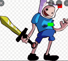 a cartoon character holding a sword with a green sticker on his chest