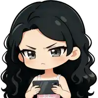 a girl with long black hair is holding a cell phone and making an angry face