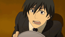 a black haired anime character with a surprised expression