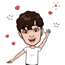 a cartoon of a boy with his arms outstretched surrounded by hearts