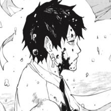 a black and white drawing of a man with blood on his face and the word fix in the background