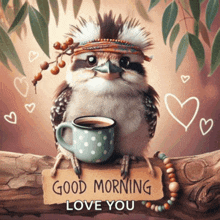 a bird is sitting on a branch holding a cup of coffee and a sign that says good morning love you