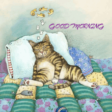 an illustration of a cat sleeping on a bed with the words " good morning " below it