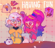 a drawing of two girls sitting next to each other with the words " having fun " above them