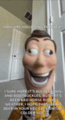a woody doll is smiling in front of a door and has a caption on it .